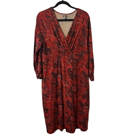 J. Jill Dresses & Skirts - J JILL Stretch Tall SZ L Red Orange Paisley Wrap Front V‎ Neck Long Sleeve Dress